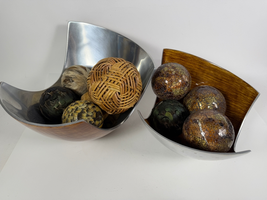 Pair Of John-Richard Bowls Filled With Decorative Balls - Larger Bowl is 14W X 9.5H [Photo 4]