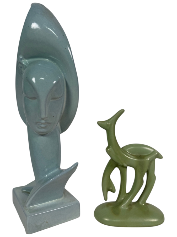 Vintage Haeger Pottery Gazelle Figurine 7.5H and Royal Haeger Ceramic Lady Head Vase With Chip in Back Corner 13H
