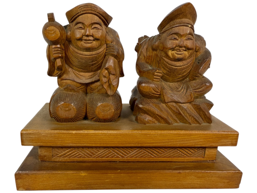 Signed Vintage Japanese Wood Carving Of Deities Ebisu and Daikoku Seated on a Tiered Base 7.5W X 3.5D X 6H