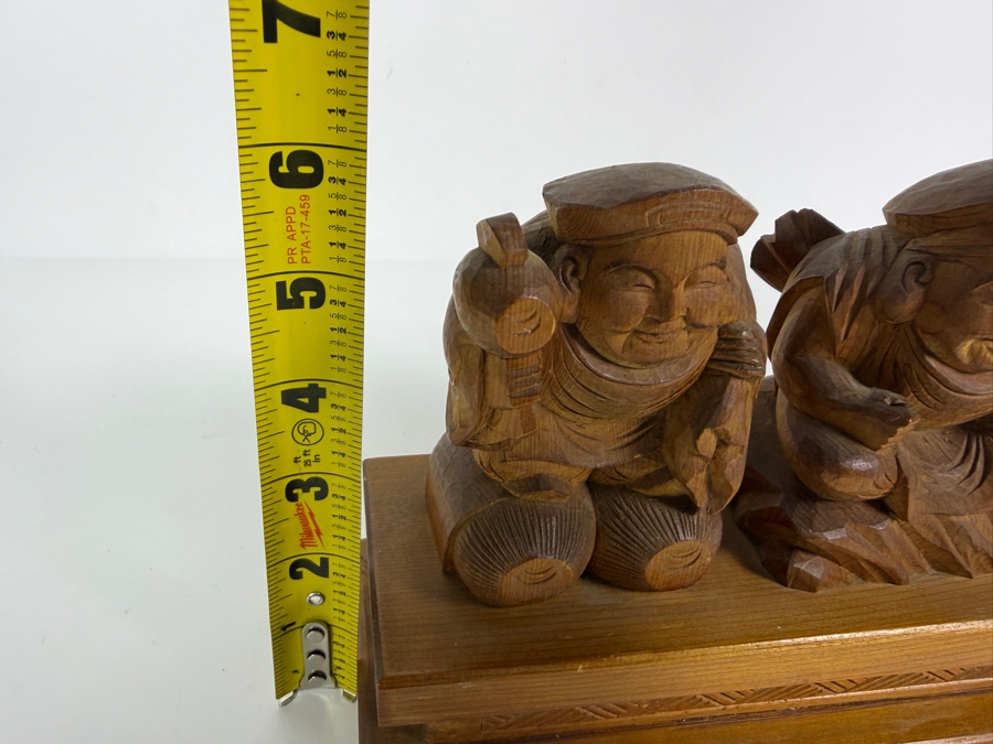 Signed Vintage Japanese Wood Carving Of Deities Ebisu and Daikoku Seated on a Tiered Base 7.5W X 3.5D X 6H [Photo 11]
