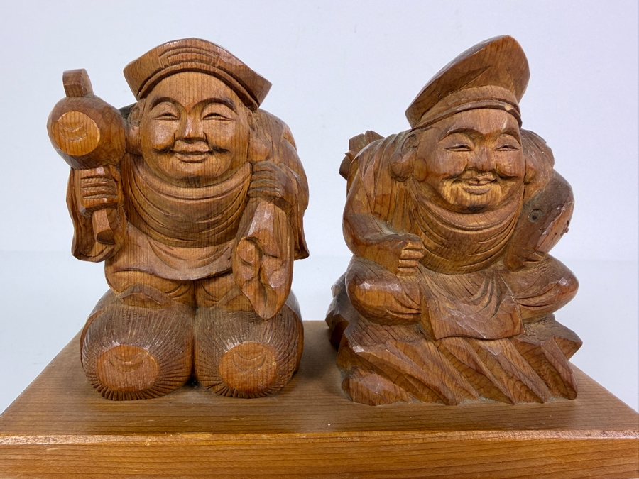 Signed Vintage Japanese Wood Carving Of Deities Ebisu and Daikoku Seated on a Tiered Base 7.5W X 3.5D X 6H [Photo 2]