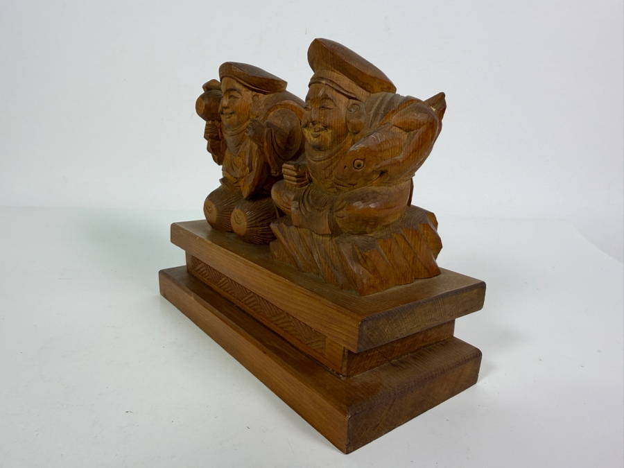 Signed Vintage Japanese Wood Carving Of Deities Ebisu and Daikoku Seated on a Tiered Base 7.5W X 3.5D X 6H [Photo 3]