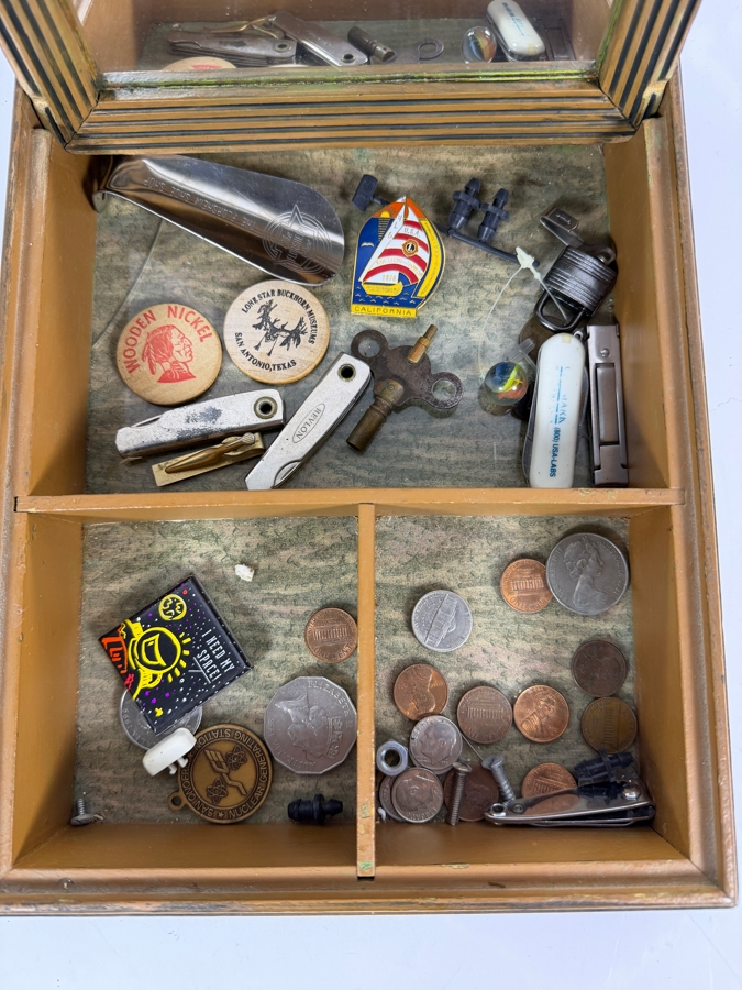 Vintage Wooden Dresser Trinket Box Featuring a Hinged Lid With Mirror and Various Coins and Items 9.25W X 11.25D X 3H [Photo 4]