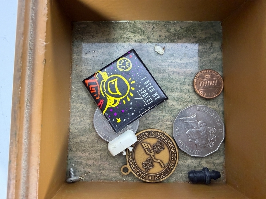 Vintage Wooden Dresser Trinket Box Featuring a Hinged Lid With Mirror and Various Coins and Items 9.25W X 11.25D X 3H [Photo 6]
