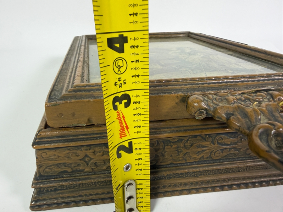 Vintage Wooden Dresser Trinket Box Featuring a Hinged Lid With Mirror and Various Coins and Items 9.25W X 11.25D X 3H [Photo 10]