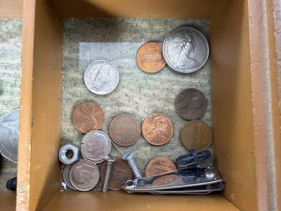 Vintage Wooden Dresser Trinket Box Featuring a Hinged Lid With Mirror and Various Coins and Items 9.25W X 11.25D X 3H [Photo 7]