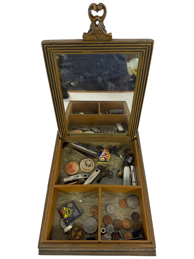 Vintage Wooden Dresser Trinket Box Featuring a Hinged Lid With Mirror and Various Coins and Items 9.25W X 11.25D X 3H
