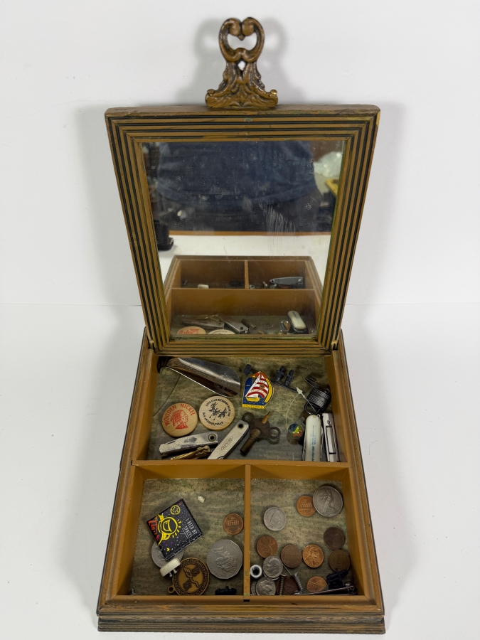 Vintage Wooden Dresser Trinket Box Featuring a Hinged Lid With Mirror and Various Coins and Items 9.25W X 11.25D X 3H [Photo 2]