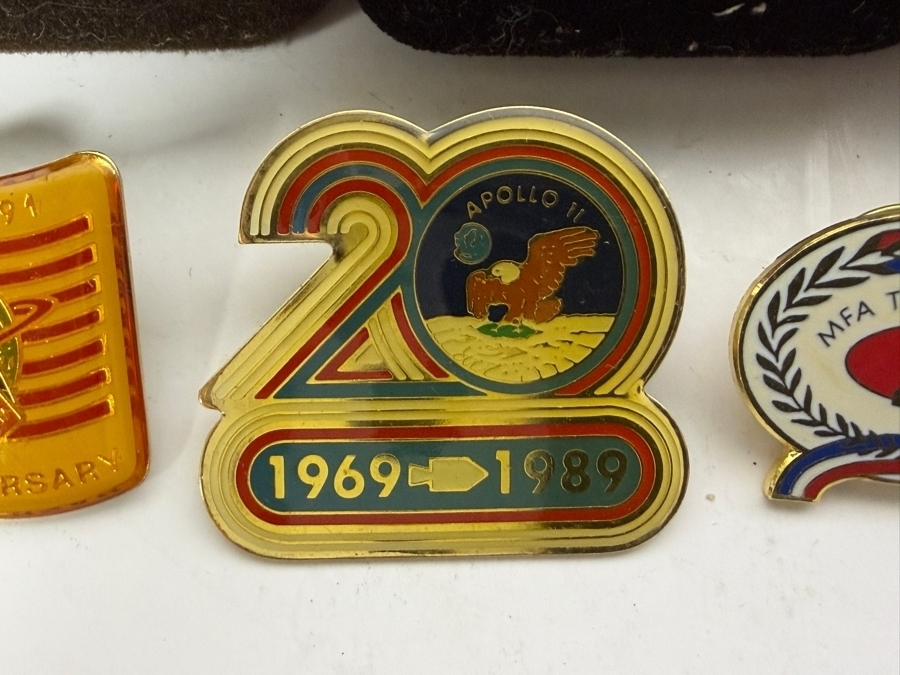 (3) Vintage 1/5 10k Gold Rockwell Employee Service Pins, 10th Year Anniversary of Columbia Space Shuttle Pin, 20 Year Anniversary Apollo 11 Pin, Apollo 11 25 Year Keychain and MFA Team Award Pin [Photo 3]