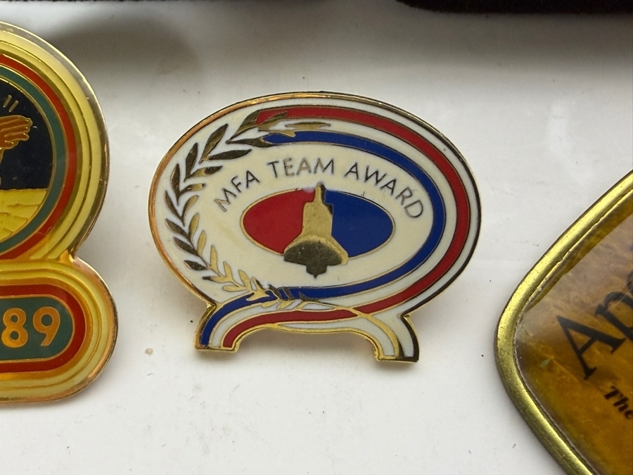(3) Vintage 1/5 10k Gold Rockwell Employee Service Pins, 10th Year Anniversary of Columbia Space Shuttle Pin, 20 Year Anniversary Apollo 11 Pin, Apollo 11 25 Year Keychain and MFA Team Award Pin [Photo 5]