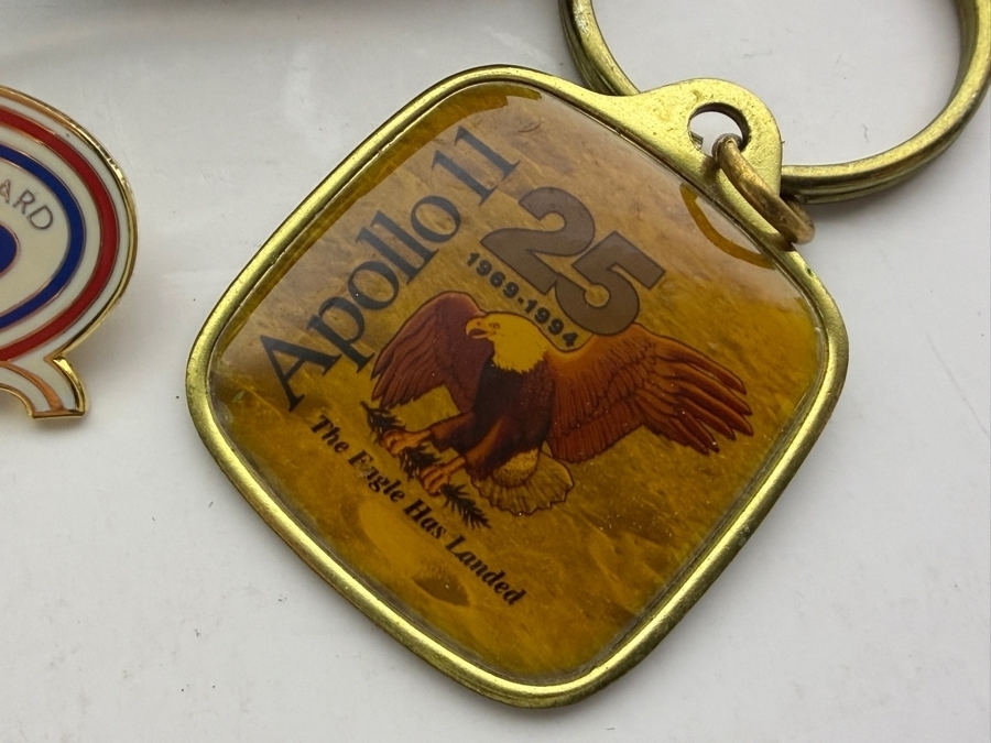 (3) Vintage 1/5 10k Gold Rockwell Employee Service Pins, 10th Year Anniversary of Columbia Space Shuttle Pin, 20 Year Anniversary Apollo 11 Pin, Apollo 11 25 Year Keychain and MFA Team Award Pin [Photo 6]