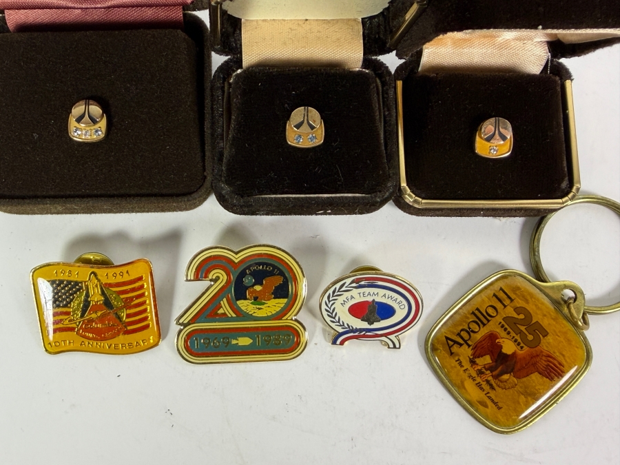 (3) Vintage 1/5 10k Gold Rockwell Employee Service Pins, 10th Year Anniversary of Columbia Space Shuttle Pin, 20 Year Anniversary Apollo 11 Pin, Apollo 11 25 Year Keychain and MFA Team Award Pin [Photo 2]