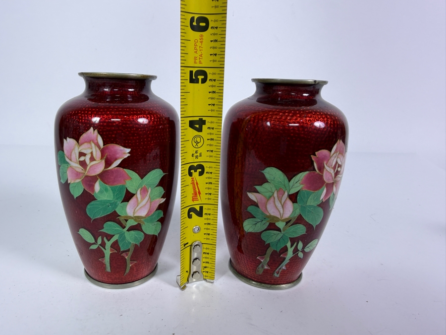 Pair of Vintage Japanese Cloisonne Vases 5H [Photo 6]