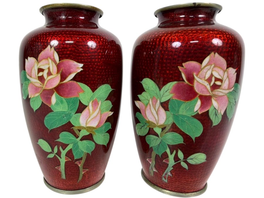 Pair of Vintage Japanese Cloisonne Vases 5H