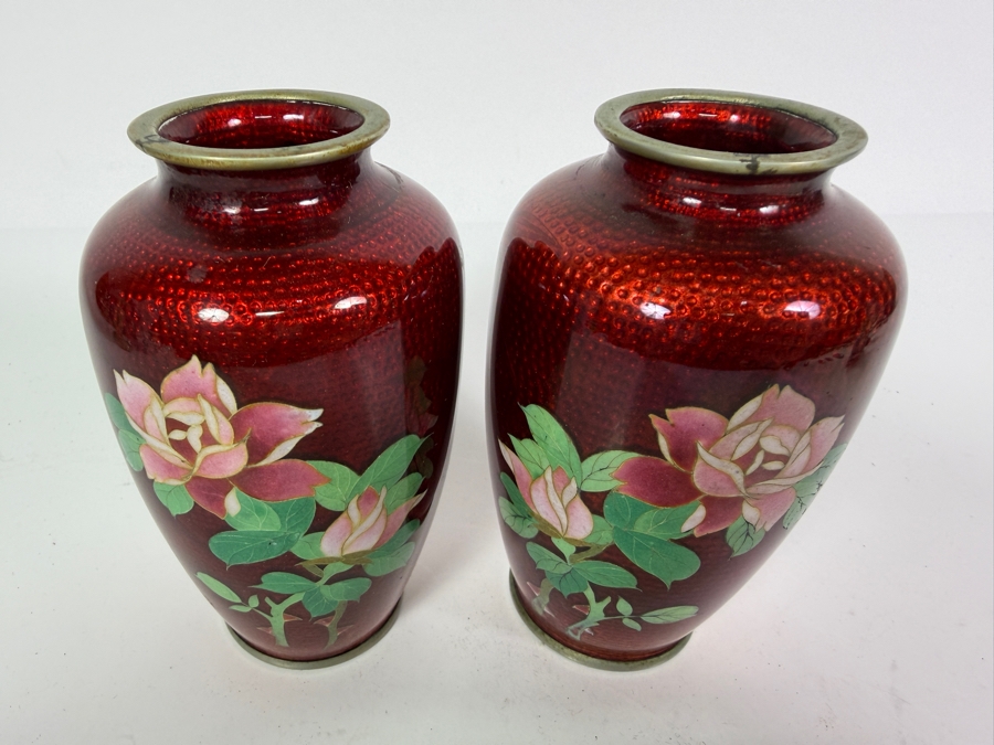 Pair of Vintage Japanese Cloisonne Vases 5H [Photo 2]