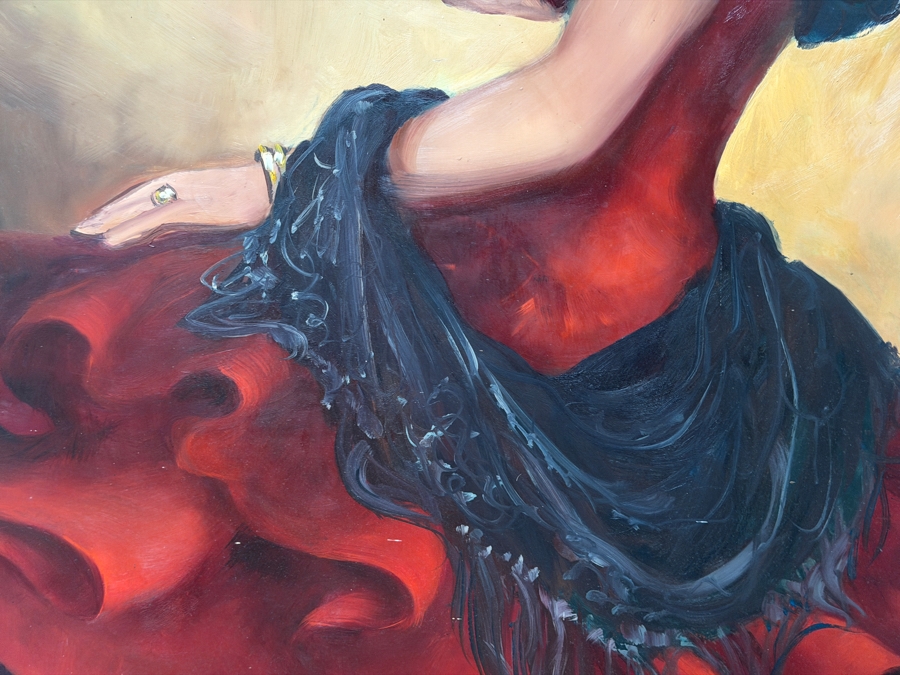 Just Added - Original Spanish Flamenco Dancer Oil Painting On Board Signer Lower Right Signature Illegible In Vintage Wooden Frame [Photo 8]
