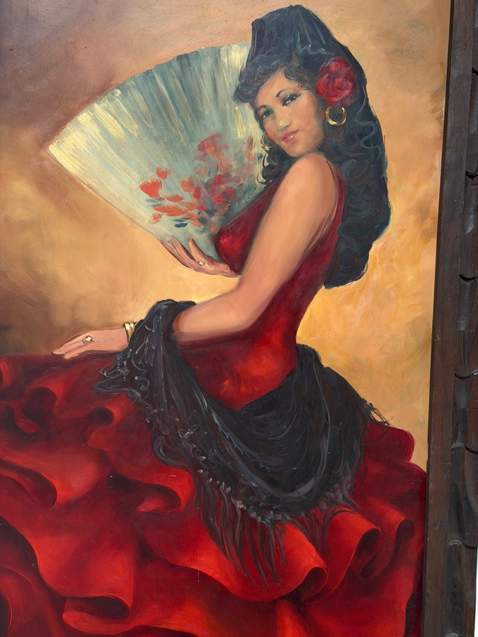 Just Added - Original Spanish Flamenco Dancer Oil Painting On Board Signer Lower Right Signature Illegible In Vintage Wooden Frame [Photo 3]