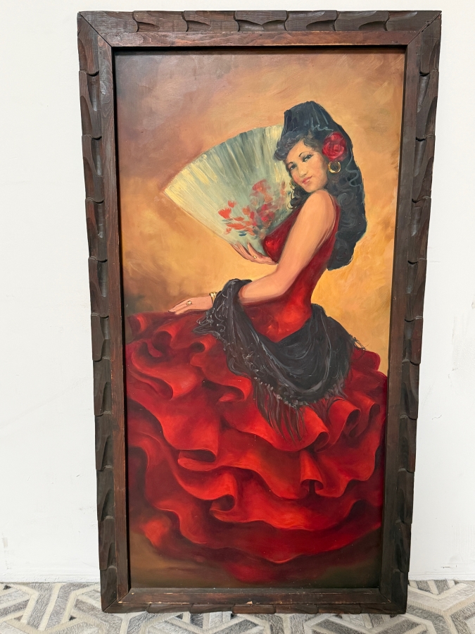 Just Added - Original Spanish Flamenco Dancer Oil Painting On Board Signer Lower Right Signature Illegible In Vintage Wooden Frame [Photo 2]