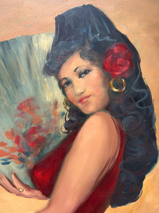 Just Added - Original Spanish Flamenco Dancer Oil Painting On Board Signer Lower Right Signature Illegible In Vintage Wooden Frame [Photo 4]