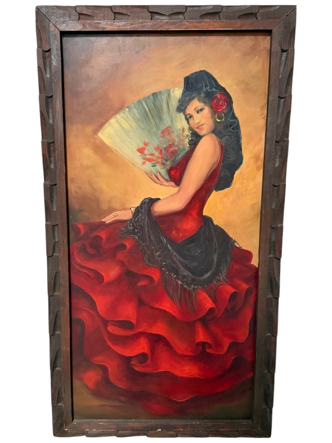 Just Added - Original Spanish Flamenco Dancer Oil Painting On Board Signer Lower Right Signature Illegible In Vintage Wooden Frame
