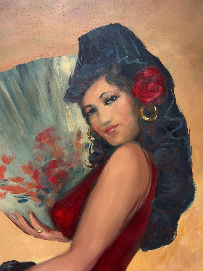 Just Added - Original Spanish Flamenco Dancer Oil Painting On Board Signer Lower Right Signature Illegible In Vintage Wooden Frame [Photo 5]