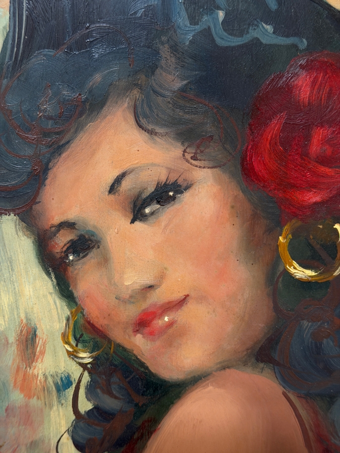 Just Added - Original Spanish Flamenco Dancer Oil Painting On Board Signer Lower Right Signature Illegible In Vintage Wooden Frame [Photo 6]