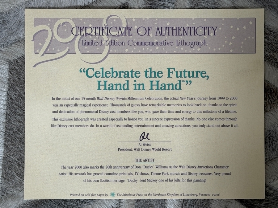 Just Added - 'Celebrate the Future, Hand in Hand' Walt Disney World Millennium Celebration Limited Edition Commemorative Lithograph With COA Framed [Photo 5]