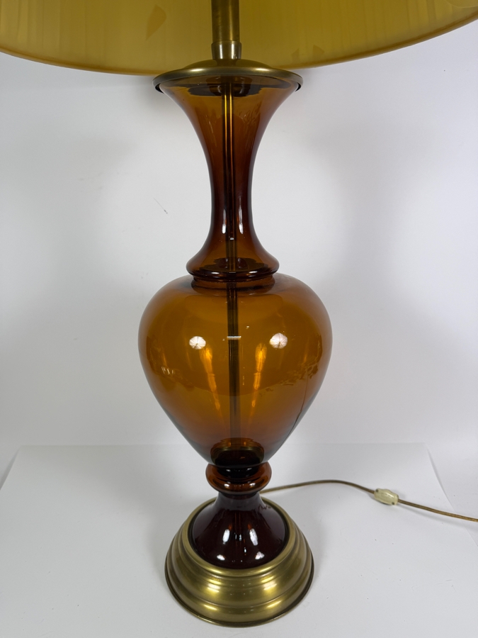 Just Added - Mid-Century Amber Brown Glass Table Lamp With Damaged Shade 39'H [Photo 2]