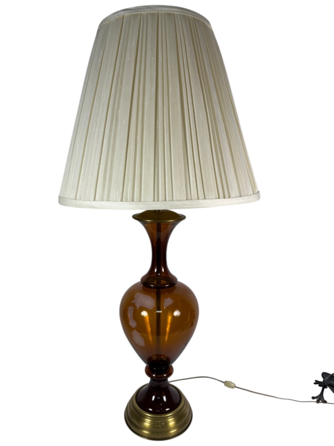 Just Added - Mid-Century Amber Brown Glass Table Lamp With Damaged Shade 39'H