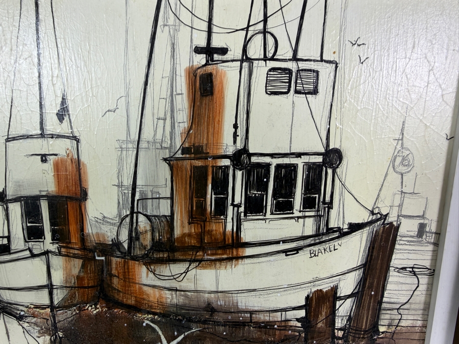 Just Added - Irwin H. Brown (American, b. 1928) Original Mid-Century Modern Nautical Ships Oil Painting On Board 10 X 10 Framed 16 X 16 [Photo 3]
