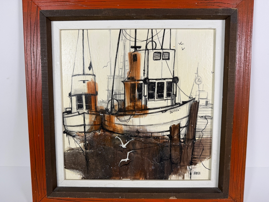 Just Added - Irwin H. Brown (American, b. 1928) Original Mid-Century Modern Nautical Ships Oil Painting On Board 10 X 10 Framed 16 X 16 [Photo 2]