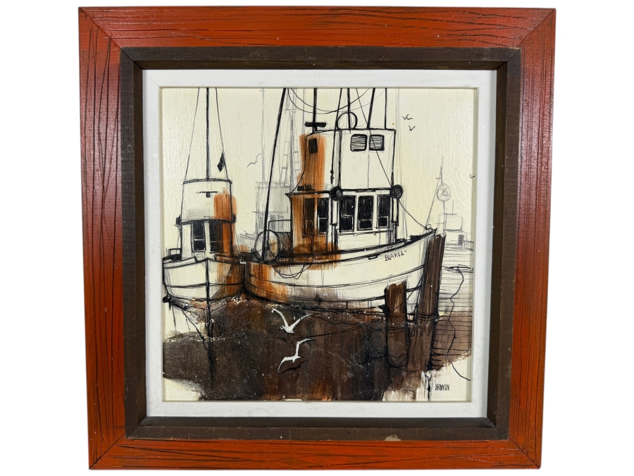 Just Added - Irwin H. Brown (American, b. 1928) Original Mid-Century Modern Nautical Ships Oil Painting On Board 10 X 10 Framed 16 X 16