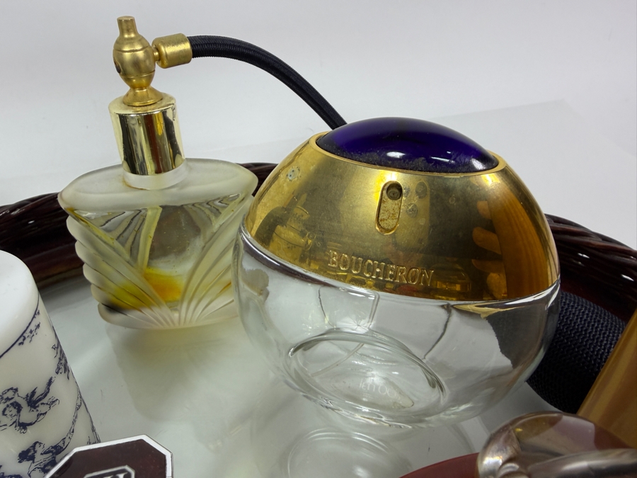 Just Added - Collection Of Vintage Perfume Bottles with Handled Mirrored Woven Tray 15.5W X 11H - See Photos [Photo 12]