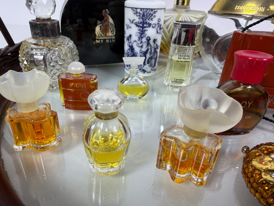 Just Added - Collection Of Vintage Perfume Bottles with Handled Mirrored Woven Tray 15.5W X 11H - See Photos [Photo 7]