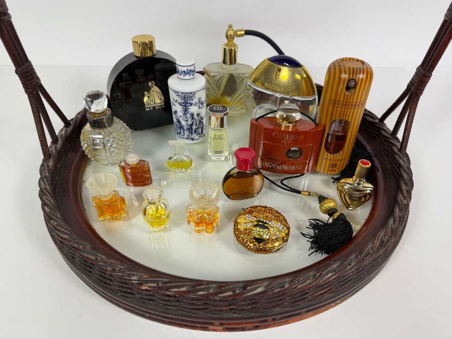Just Added - Collection Of Vintage Perfume Bottles with Handled Mirrored Woven Tray 15.5W X 11H - See Photos [Photo 3]