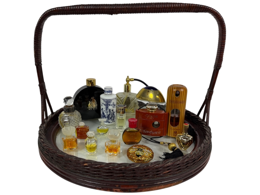 Just Added - Collection Of Vintage Perfume Bottles with Handled Mirrored Woven Tray 15.5W X 11H - See Photos
