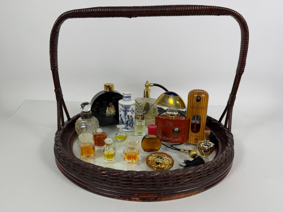 Just Added - Collection Of Vintage Perfume Bottles with Handled Mirrored Woven Tray 15.5W X 11H - See Photos [Photo 2]