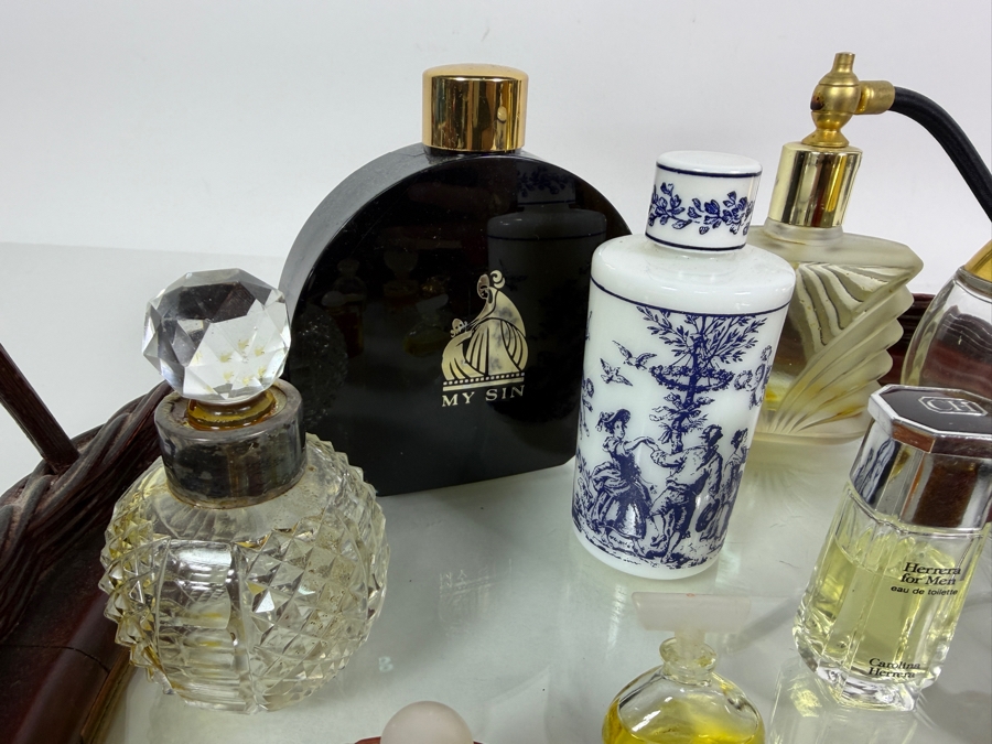 Just Added - Collection Of Vintage Perfume Bottles with Handled Mirrored Woven Tray 15.5W X 11H - See Photos [Photo 8]