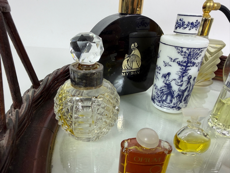 Just Added - Collection Of Vintage Perfume Bottles with Handled Mirrored Woven Tray 15.5W X 11H - See Photos [Photo 16]