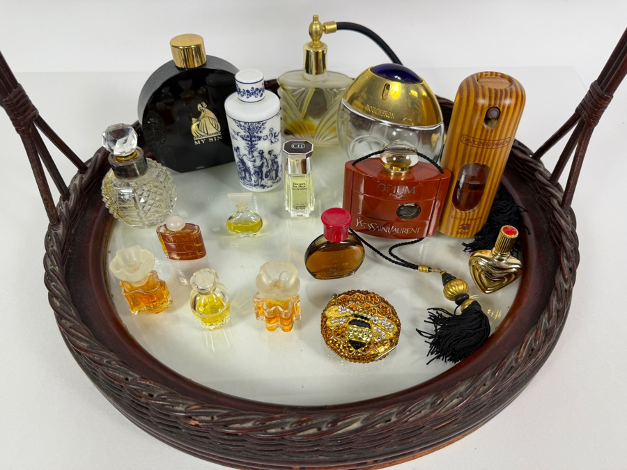 Just Added - Collection Of Vintage Perfume Bottles with Handled Mirrored Woven Tray 15.5W X 11H - See Photos [Photo 4]