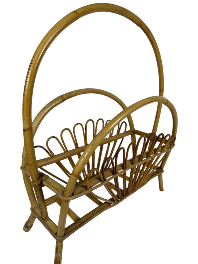 Just Added - Vintage Mid-Century Modern Bent Rattan Magazine Rack Franco Albini Style 20W X 23H
