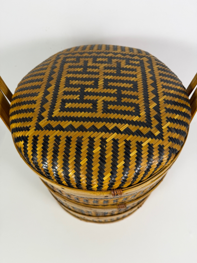 Just Added - Vintage Woven 3-Tier Tiffin Sewing Basket Filled with Sewing Supplies - See Photos 14.5W X 17H [Photo 4]