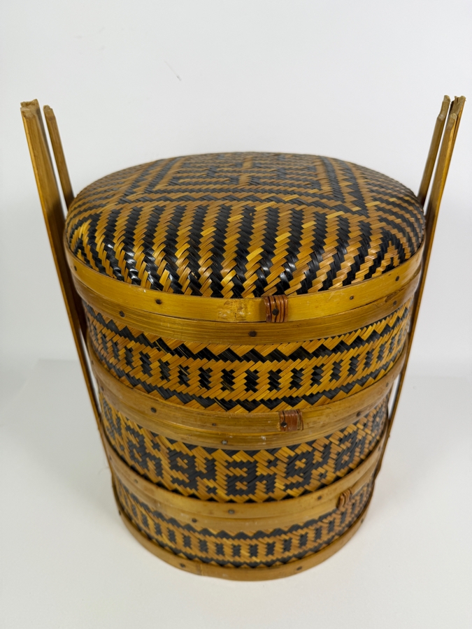Just Added - Vintage Woven 3-Tier Tiffin Sewing Basket Filled with Sewing Supplies - See Photos 14.5W X 17H [Photo 3]