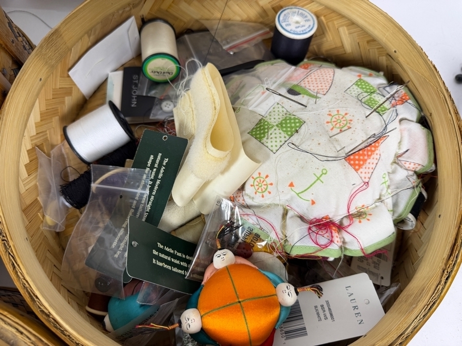Just Added - Vintage Woven 3-Tier Tiffin Sewing Basket Filled with Sewing Supplies - See Photos 14.5W X 17H [Photo 7]