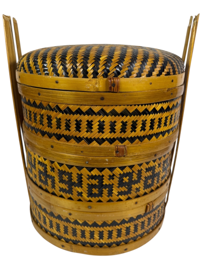 Just Added - Vintage Woven 3-Tier Tiffin Sewing Basket Filled with Sewing Supplies - See Photos 14.5W X 17H