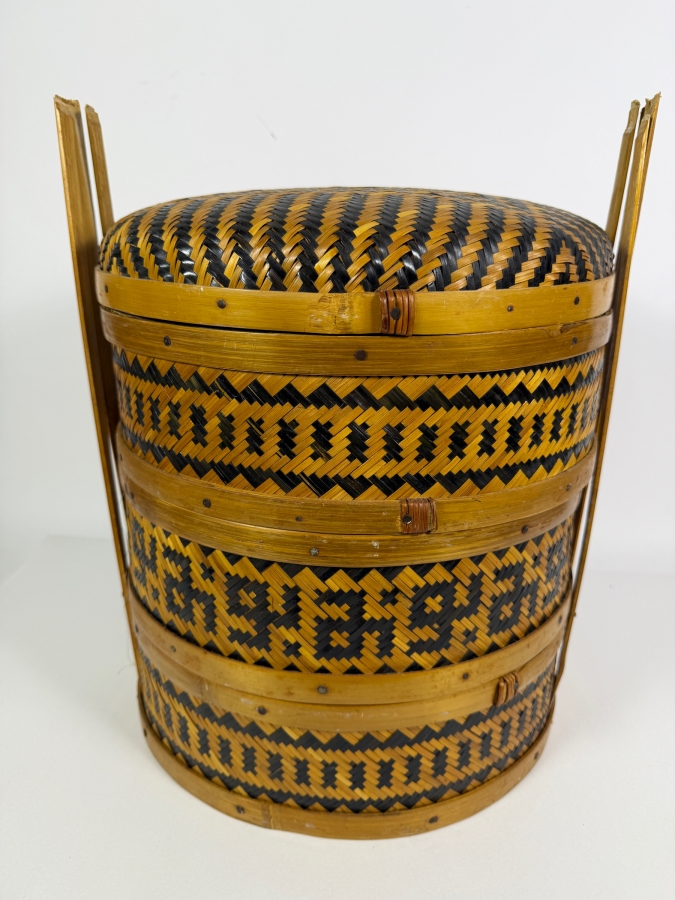 Just Added - Vintage Woven 3-Tier Tiffin Sewing Basket Filled with Sewing Supplies - See Photos 14.5W X 17H [Photo 2]