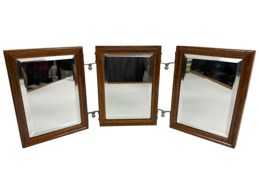 Just Added - Vintage Tiger Oak Tri Fold Vanity Shaving Mirror 20'W