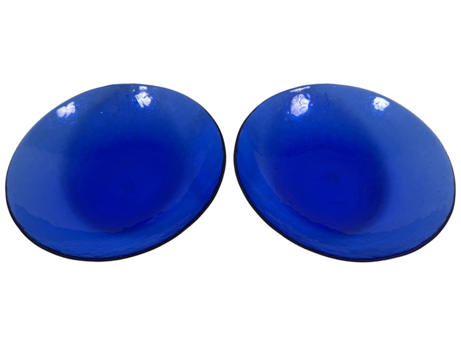 Just Added - Pair Of Vintage Galliano Ferro Murano Italian Blue Glass Bowls with 3 Relief Dancing Figures 8.5W X 2H