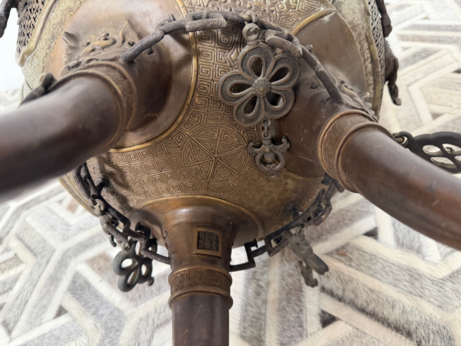 Just Added - Impressive LARGE Japanese Bronze/Brass Koro Censer Incense Burner With Applied Dragons - Signed Underneath 15W X 22.5H [Photo 12]