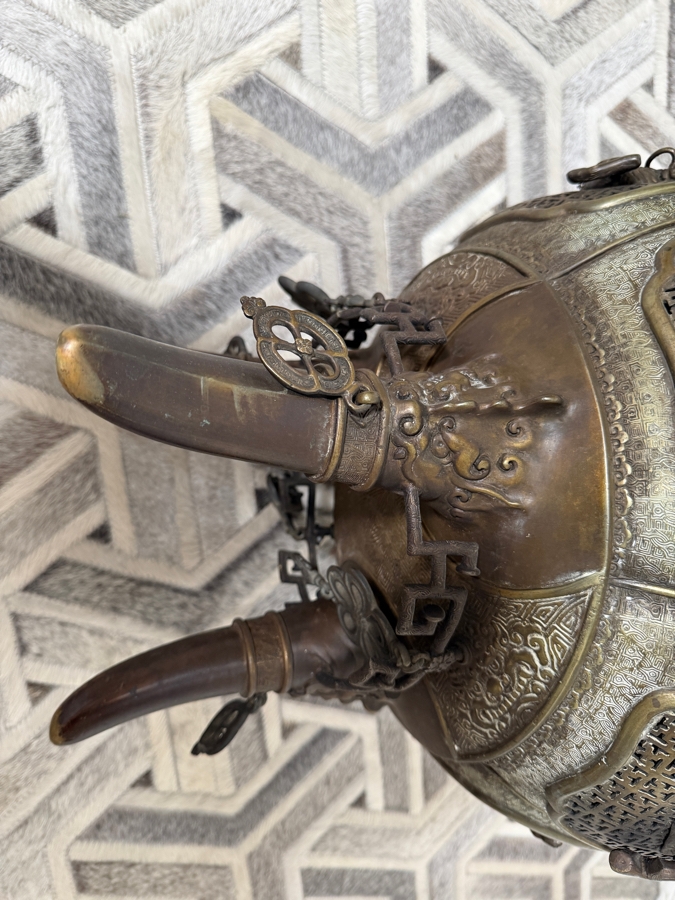 Just Added - Impressive LARGE Japanese Bronze/Brass Koro Censer Incense Burner With Applied Dragons - Signed Underneath 15W X 22.5H [Photo 6]